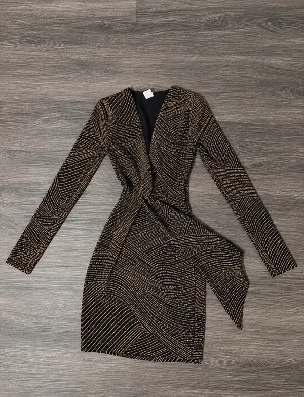 Long Sleeve Black & Gold Twist Front Bodycon Dress - Image 2