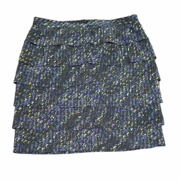 Tory Burch Silk Tiered‎ Ruffle Mini Skirt Abstract Print Purple Yellow Size 8 - Image 3