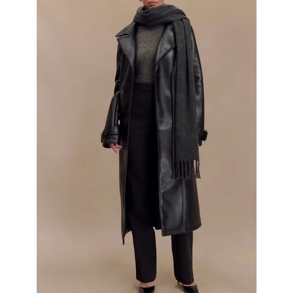 Meshki Tarah Faux Leather Trench Coat Black Large EUC - Image 2