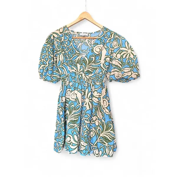 Tropical Floral Puff Sleeve Mini Dress Coastal Resort Cotton Blue Green Small - Image 2
