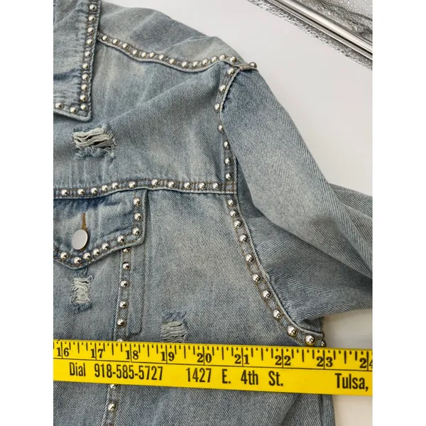 POL Denim Jean Jacket Womens S Blue Studded‎ Distressed Oversized - Image 5