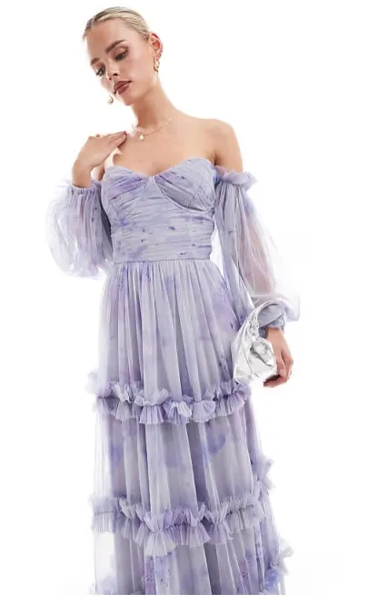 As Seen On Screen Lace & Beads Petite long sleeve ruffle maxi dress in soft lilac floral - Image 2