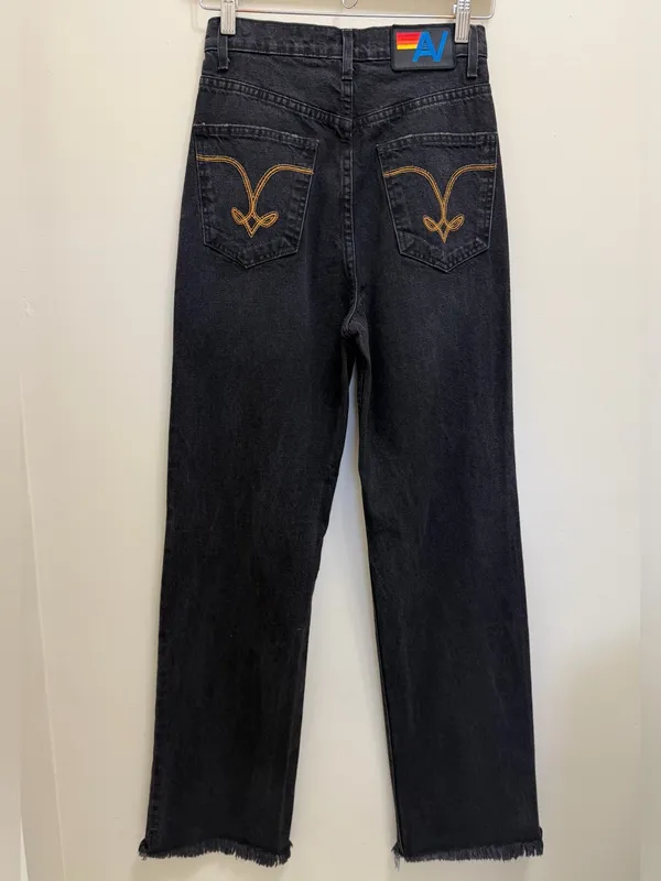 Aviator Nation Gypsy Hi Rise Wide Leg Jean Distressed Denim in Vintage Black 25 - Image 4