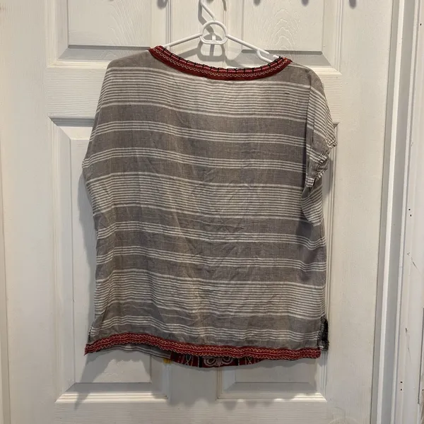 THML Womens Gray Striped Embroidered Boho‎ V-Neck Tassel Top Large Beachy Boho - Image 6