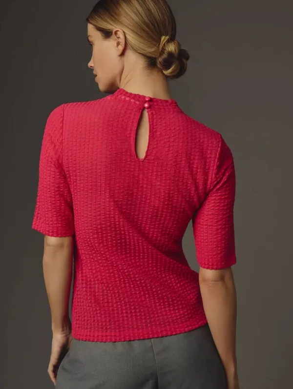 Maeve by Anthropologie Hot Pink Sheer Mesh Mock-Neck Top - Size - Large - Image 3