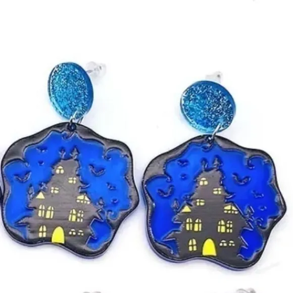NWOT Haunted House Scary Halloween Dark Gothic Acrylic Ghost Ghoul Earrings - Image 3