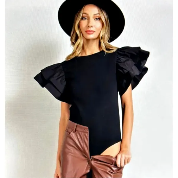 Zara Puff Sleeve Ribbed Bodysuit - Black - size S - Image 2