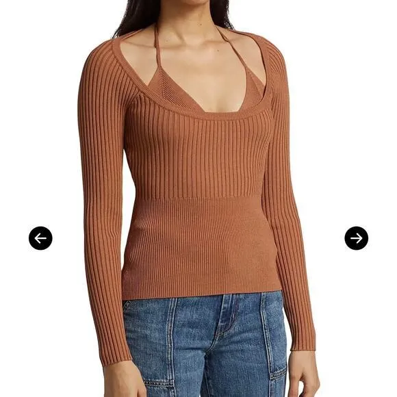 Jonathan Simkhai Jayline Pullover &‎ Bralette Set Ribbed Knit Dawn Size Large Brown - Image 3