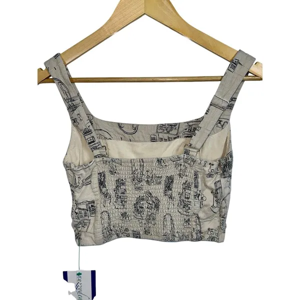 Abercrombie & Fitch Cream Paris Sketch Print Linen Tank Top Crop Top Size Small - Image 3