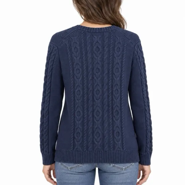 LL Bean Navy Blue Double L Mixed Cable Cotton Crew Neck Pullover Sweater LARGE - Image 2