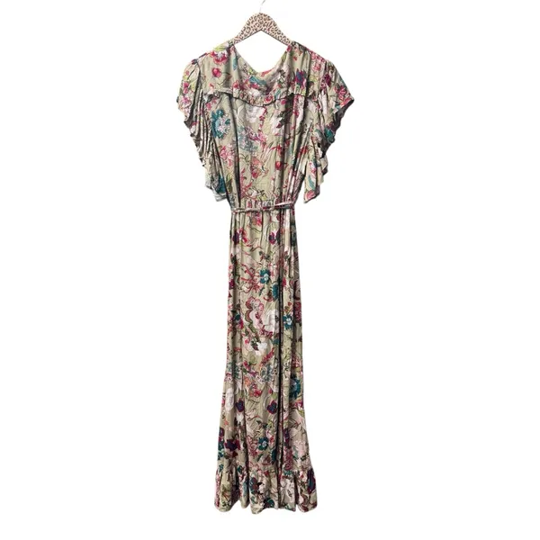 NEW BALIelf Made by Hand Carmen Wrap Short Sleeve Maxi Dress Beige Floral XL - Image 5