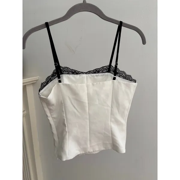 White Satin Lace Trim Cami Top Women’s Adjustable Straps Y2K Minimalist - Image 8