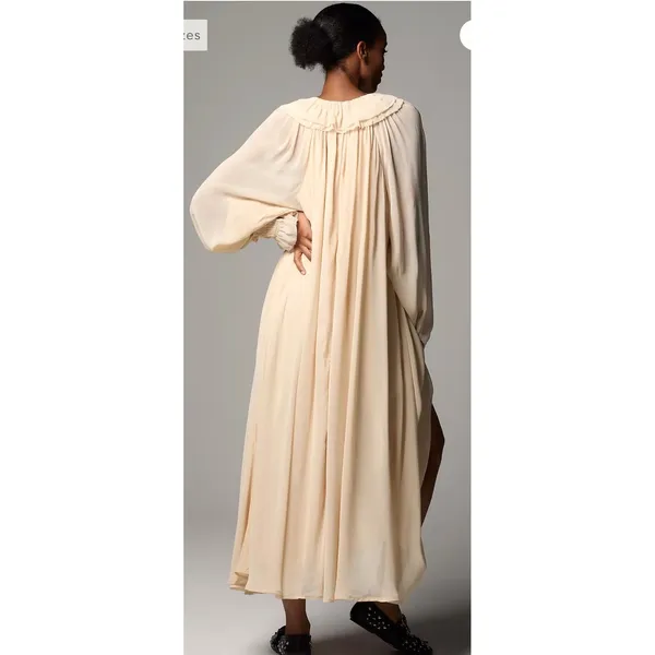 Anthropologie Cream Ruffled V-Neck Maxi Dress‎ Smocked Cuffs OB2095496 Womens M - Image 2