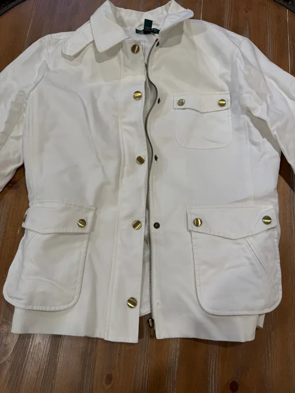 Lauren Ralph Lauren White & Gold 100% Cotton Utility Zip Jacket Women's Size L - Image 5
