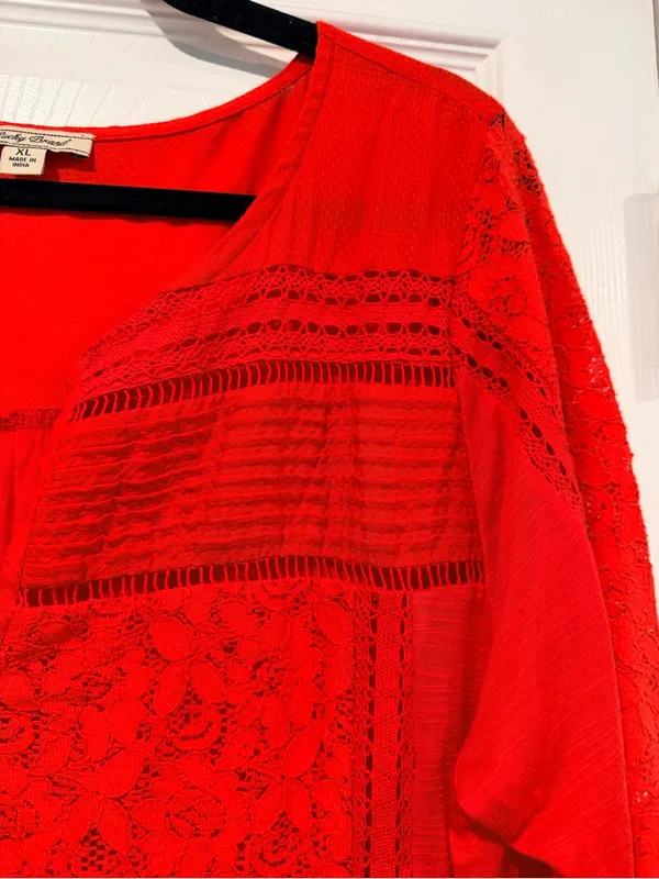 Lucky Brand Size XL Red Lace Boho Tunic Blouse 3/4 Sleeve Floral Peasant Top - Image 5