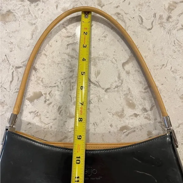 Beijo metallic patent pewter and tan trimmed handbag, EUC, clean interior - Image 9