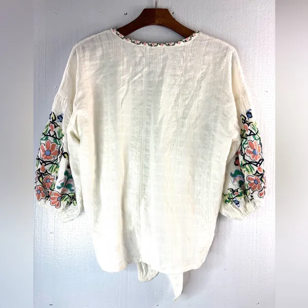 Max Studio L Boho Embroidered Cotton Front Tie Top - Image 3