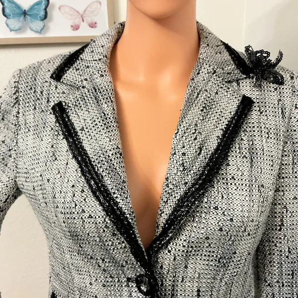 Bergamo Studio Tweed Blazer Jacket Black White Sequin Trim Size 6 - Image 7