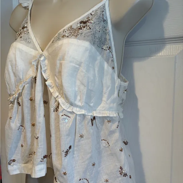 NWT Anthropologie Ivory‎ Beaded Embroidered Reversible Cotton Tank Top Babydoll - Image 2