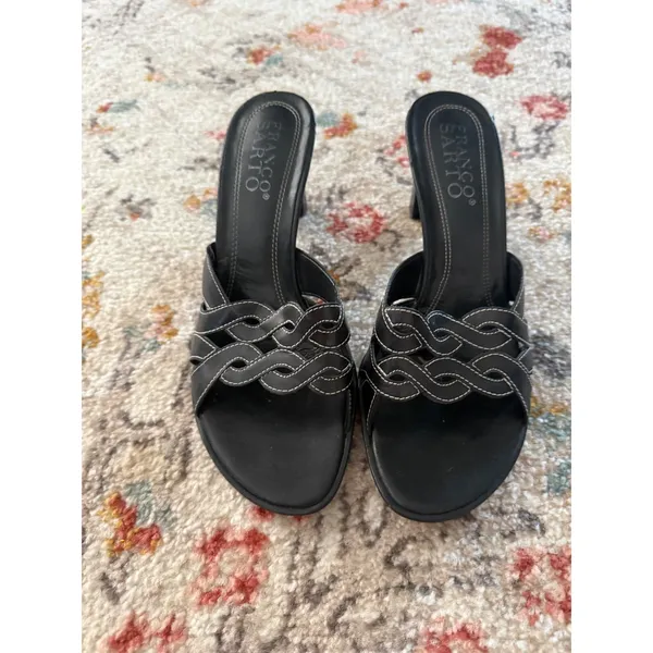 Franco‎ Sarto Y2k Black Leather Woven Mule Block Kitten Heel Sandals - Image 5