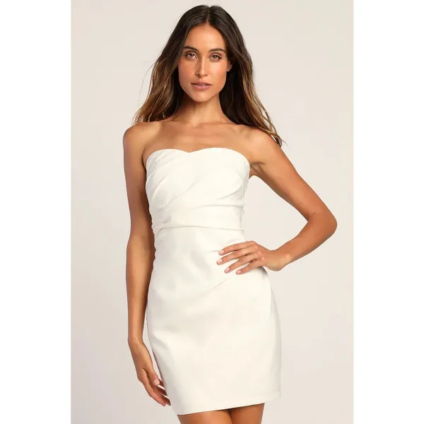Lulus Festive Occasion White Ruched Strapless Bodycon Mini Dress Classy Size L - Image 2
