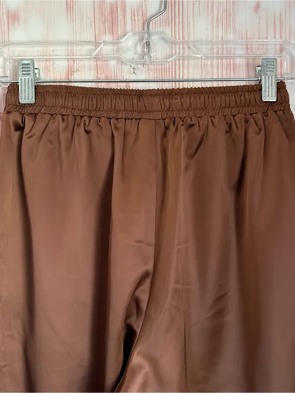 Allegra K Coffee Brown Drawstring Elastic Waist Tassel Satin Jogger Pants Sz XS - Image 10