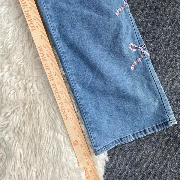 Gogo Jeans Denim Blue Wide Leg Jeans Mid Rise Pink Bow Embroidered Coquette Boho - Image 5