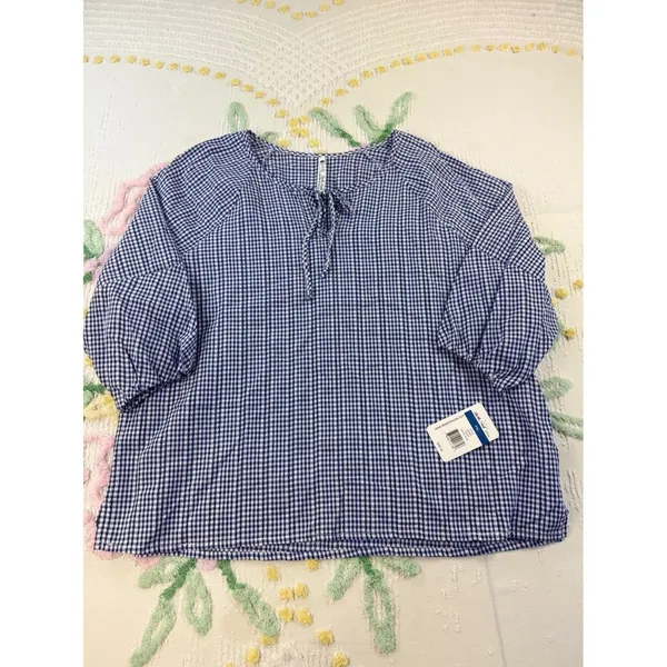 Leo & Nicole Blue‎ Gingham Cotton Blouse 3/4 Puff Sleeve Tie Neck Top Xl NEW - Image 3