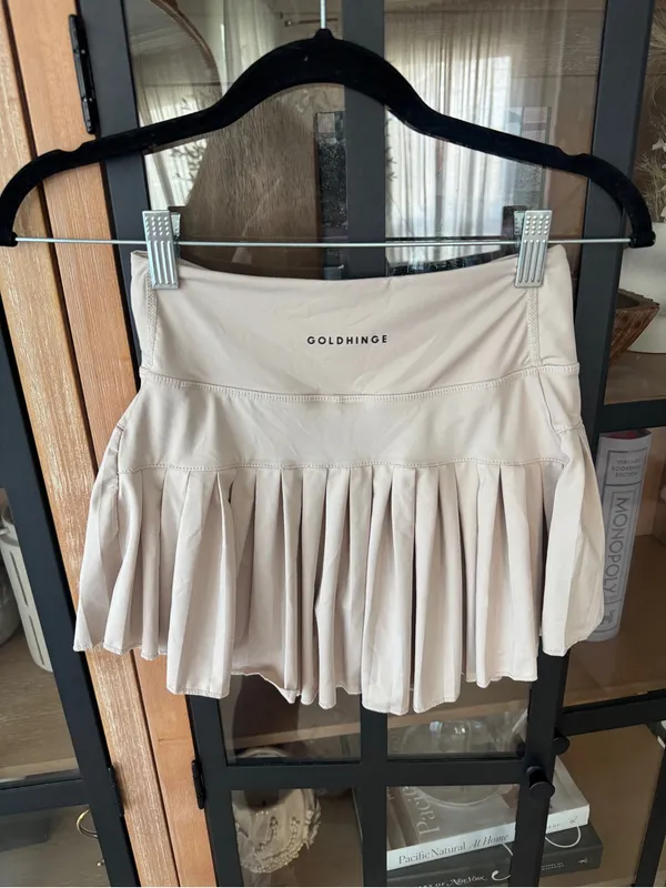 Gold Hinge pleated tennis skirt mini high waisted beige khaki bone skort shorts - Image 5