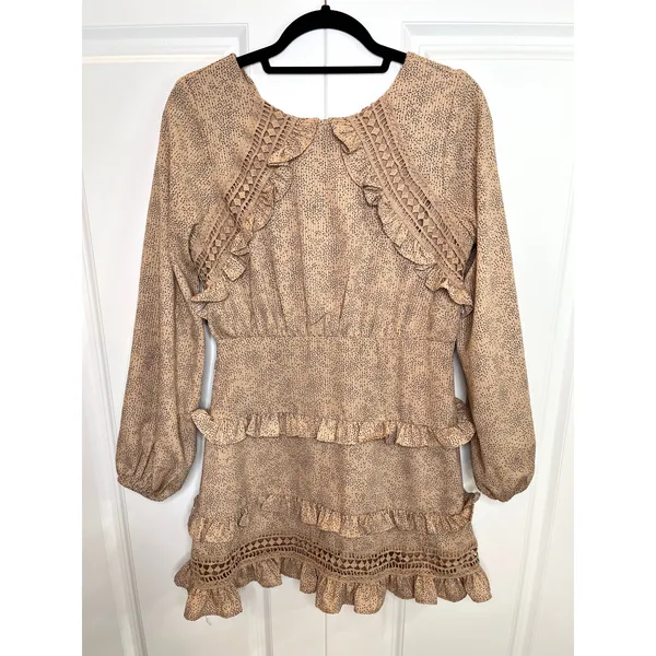 Lulu’s Kiss Me Goodnight Tan Polka Dot Ruffled Long Sleeve Mini Dress - Image 6