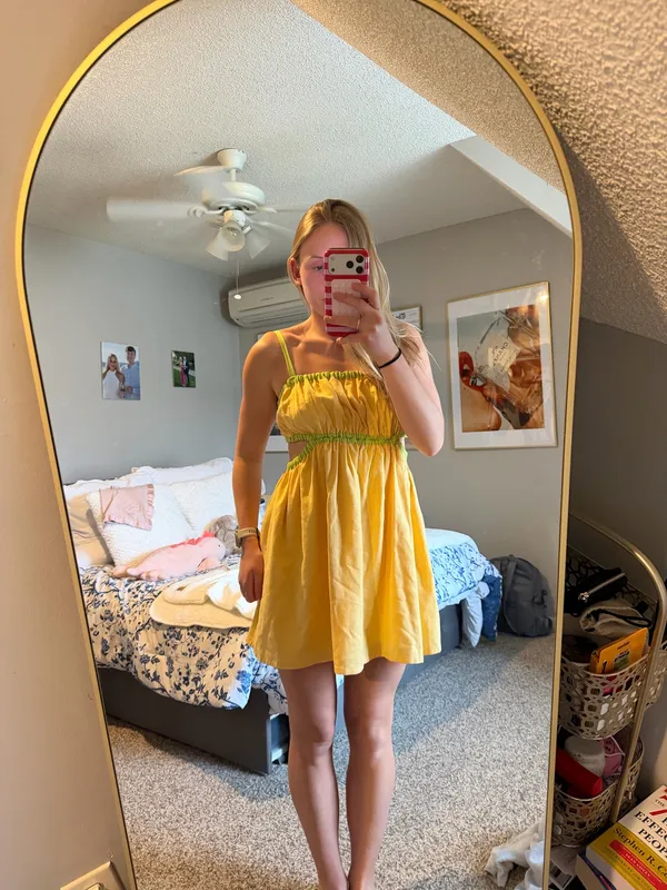Orange and green flowy mini dress - Image 5