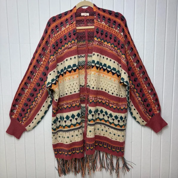 Easel Multicolor Oversize‎ Patterned Boho knit cardigan Size S - Image 3