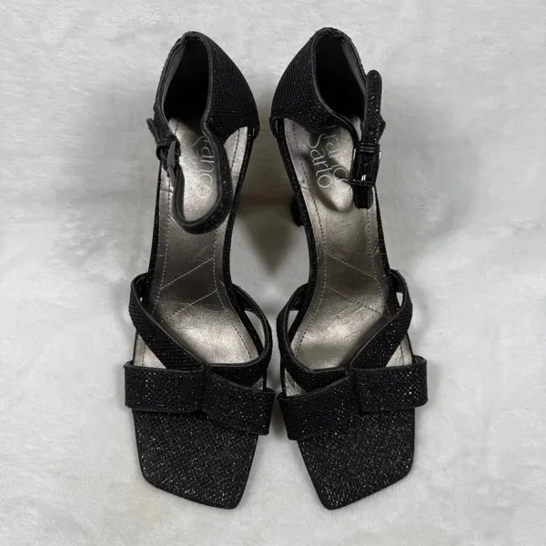 Franco‎ Sarto Womens Black Shimmer Square Toe Flare Heel Ankle Strap Sandals 8M - Image 6