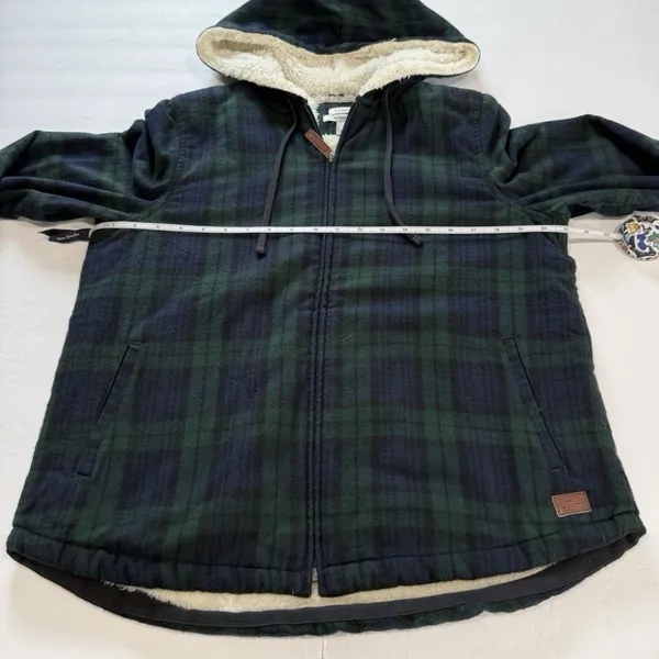 LL Bean Scotch Plaid Flannel Shirt Sherpa Lined Zip Hoodie Jacket Blue Green S - Image 10