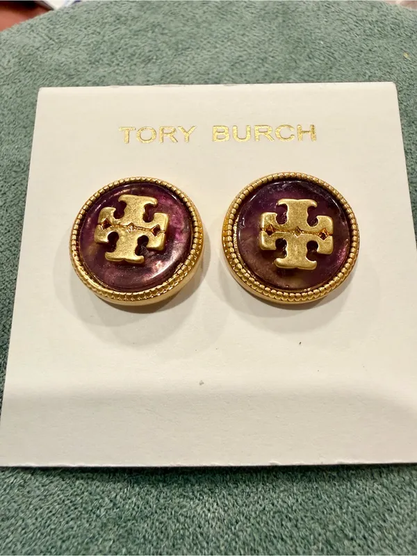 Tory Burch | Gold Plated Logo & Purple Enamel Stud Earrings - Image 2