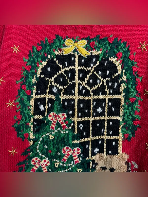 Vintage 90s Tiara International Red Christmas Sweater Sz Medium Teddy Bear Tree - Image 6