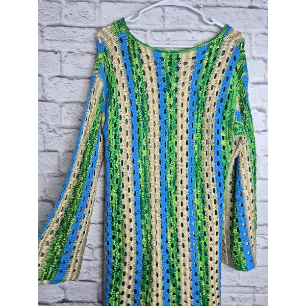 Olivaceous Phoenix Open Knit Crochet Dress Swim Coverup Green Blue Striped L NWT - Image 5