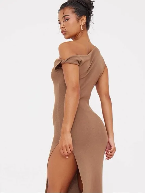 PRETTYLITTLETHING Mocha Fine Knit Twist Neck Maxi Dress Size M NWT - Image 5