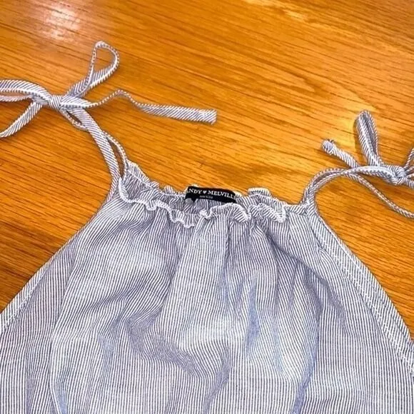 Brandy‎ Melville Blue White Pinstripe Ruffle Tie Strap Crop Top One Size - Image 10