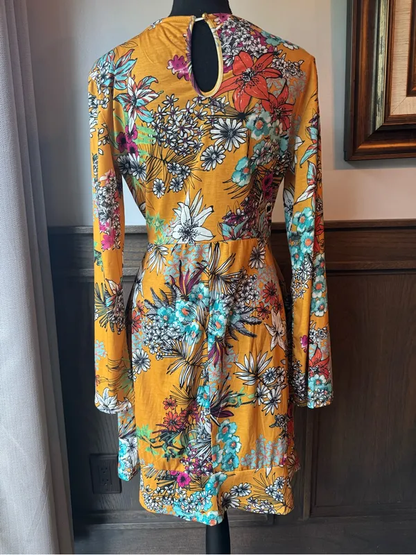 Club L London Mustard Floral Tie-Waist Long Sleeve Dress 14 EUC - Image 5