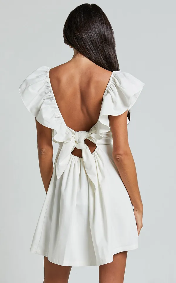 Showpo Raiza Mini Dress Ruffle Sleeve Tie Back Plunge Dress 100% Cotton In Off White! - Image 4