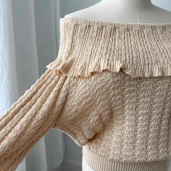 Crazy In Love Beige Linen Blend Off-The Shoulder Ruffle Sweater M - Image 4