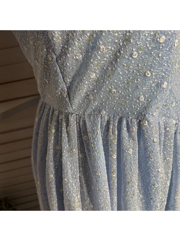 Vintage Beaded Floral Appliqués Peasant Dress Blue XL - Image 10
