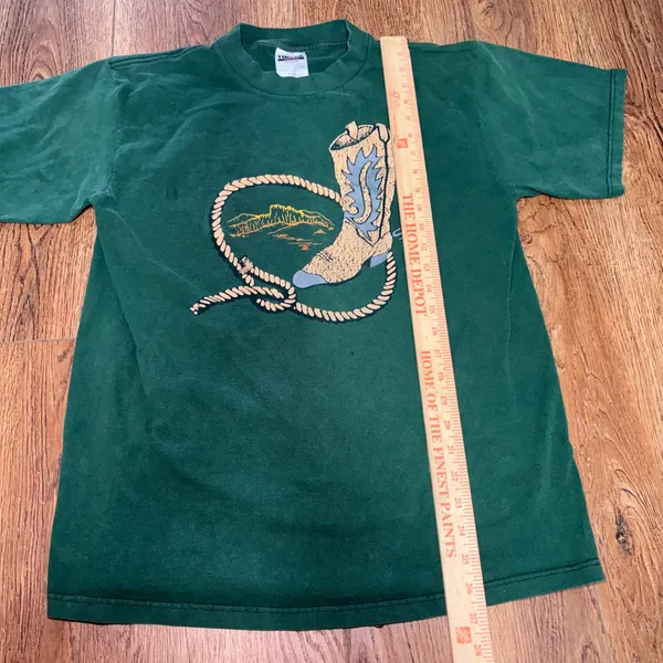 VTG Tultex Western Cowboy Boot Lasso Graphic T-Shirt Green‎ Womens L 90s Cotton - Image 5