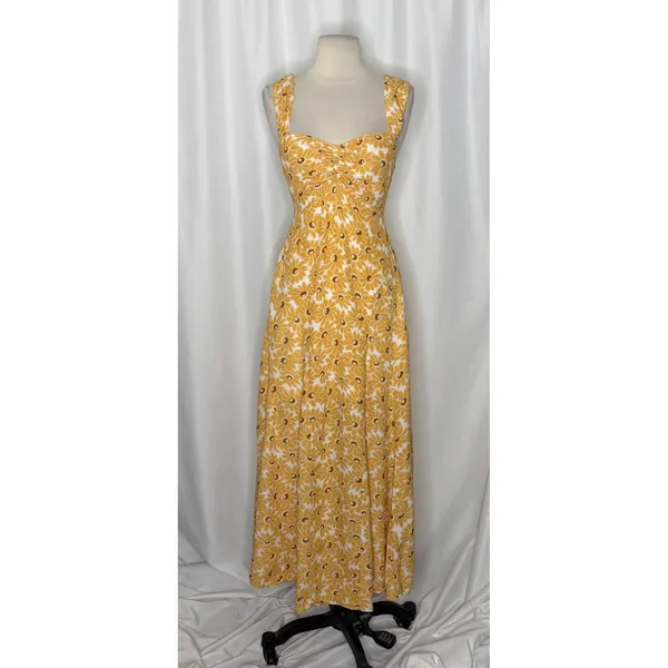 FREE PEOPLE Rosalee Midi Dress Yellow Combo Floral Cutout Back Boho X-Small - Image 2