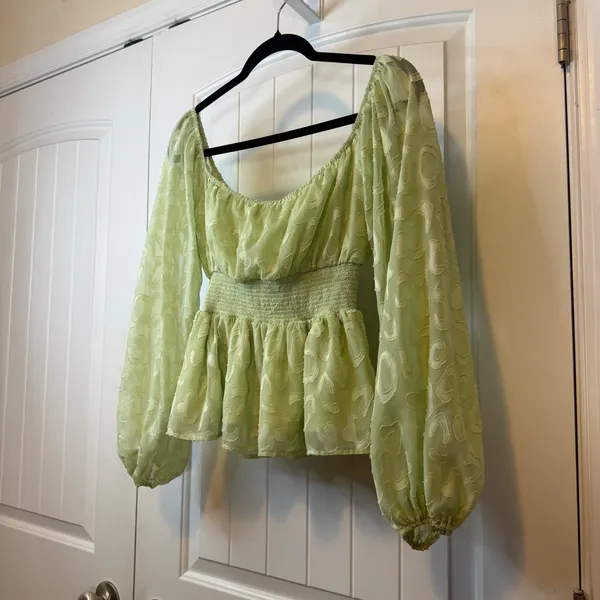 A.CALIN Flying Tomato Sage Green Texture Peplum Top‎ Balloon Sleeve Cottage Core - Image 6