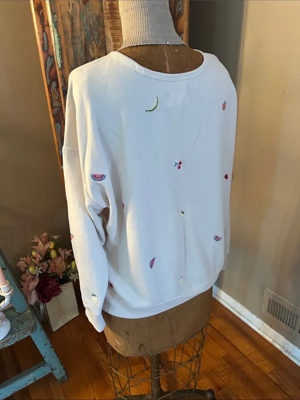 LOFT Lou & Grey Cream Pullover Sweatshirt w/Fruit Embroidery | Size Large - Image 3