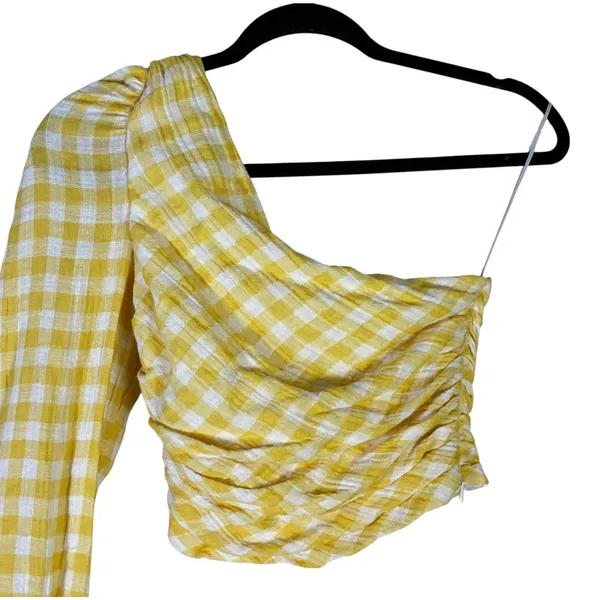 Zara One Shoulder Gingham Ruched Crop Top Pastel Yellow Size XS‎ - Image 3
