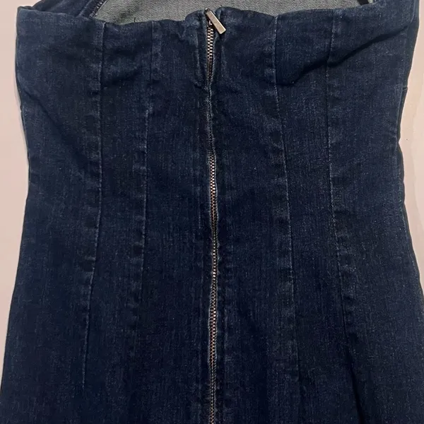 ZARA Dark Denim Strapless Raw Hem Back Slit Bodycon Tube Midi Dress‎ Size XS - Image 15