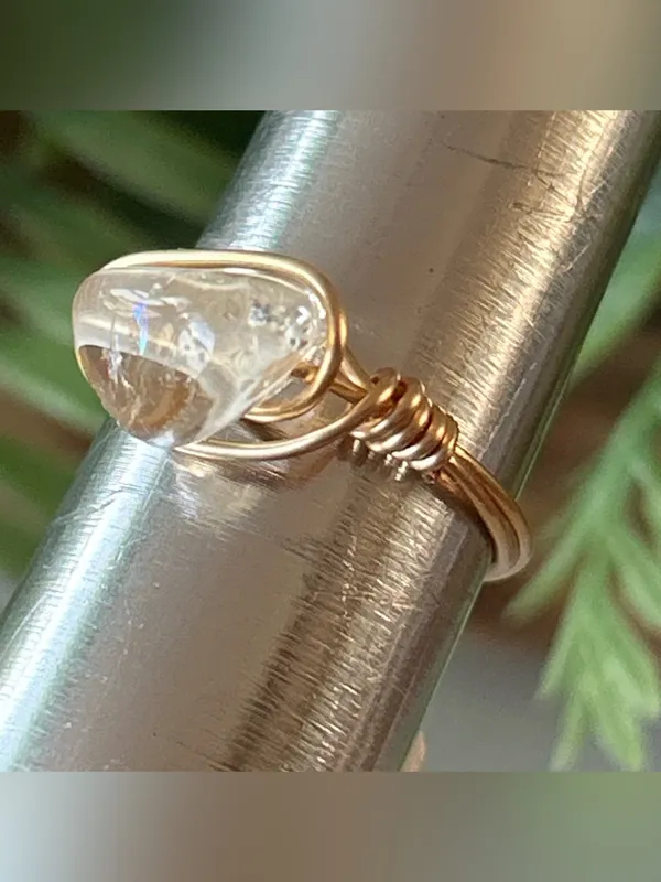 Handmade gold tone citrine wire wrapped crystal ring - size 7 - Image 2